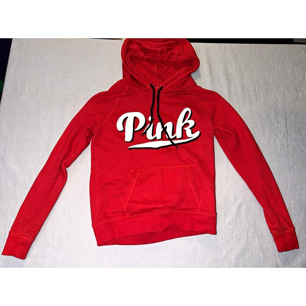 PINK Red Pullover Hoodie Logo Pockets Drawstring Women’s Size M
